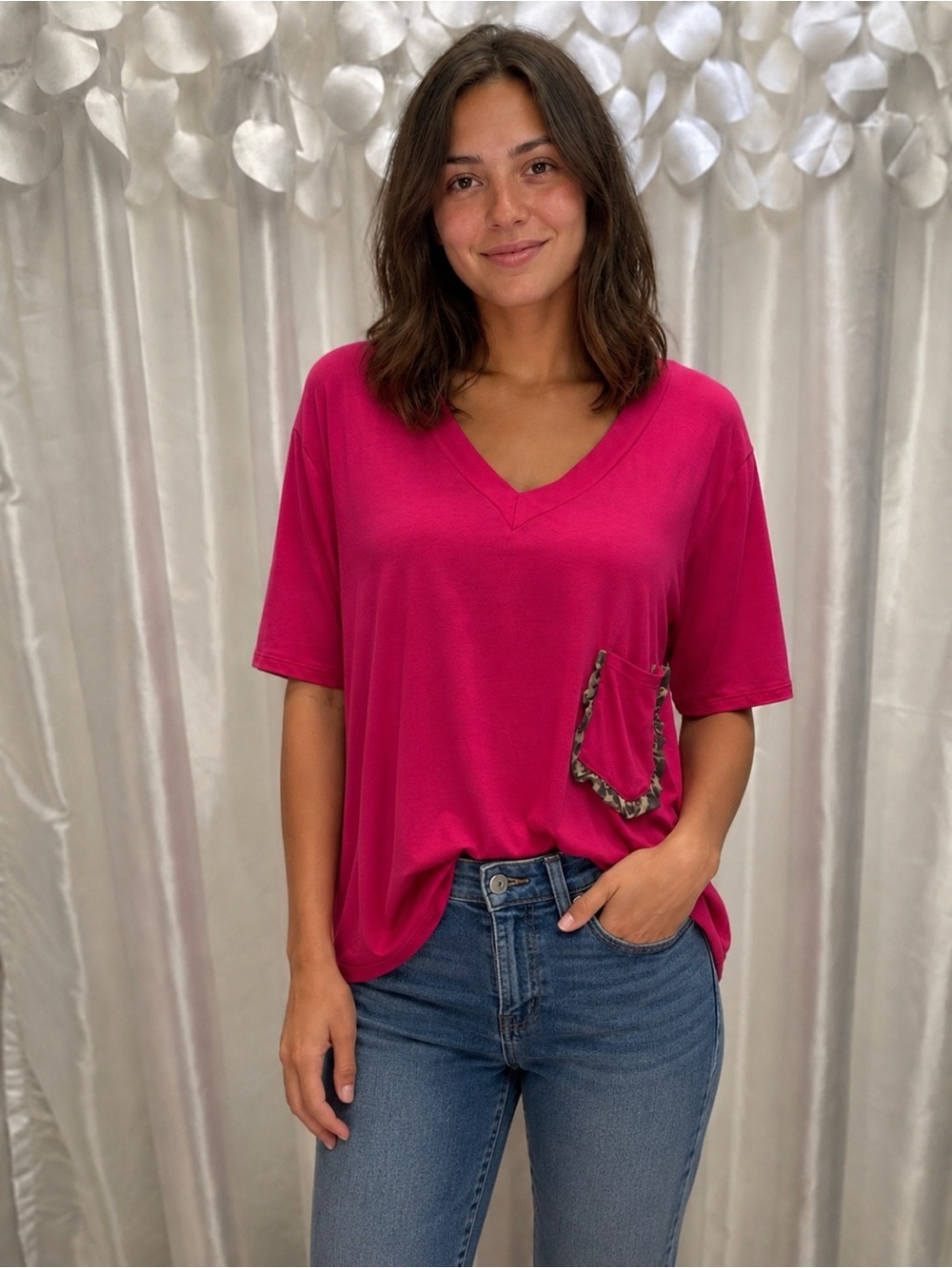 Relaxed V-Neck Pocket Tee in Fuchsia with Leopard Trim